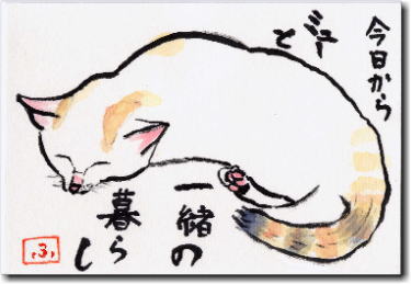 子猫「ミュー」の絵手紙 今日からミューと一緒の暮らし